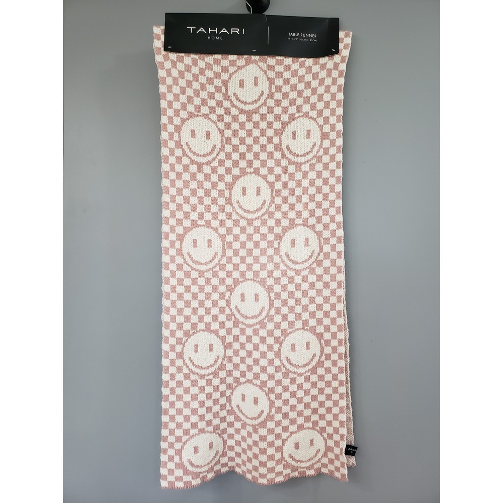 NEW 16x72‎ HAPPY FACE table runner cover decor maximalist mod 70s checkered pink